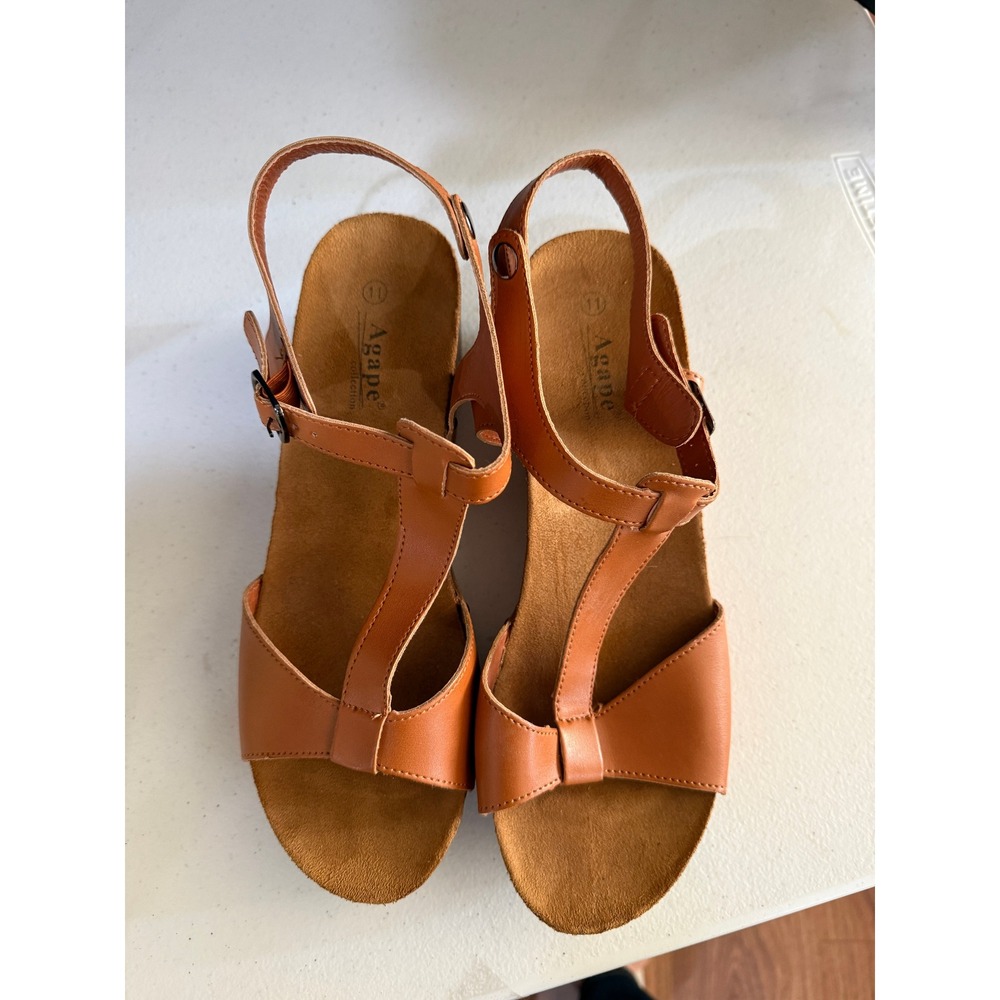 Agape Brown Leather Platform Wedge Sandals Women's Size‎ 11